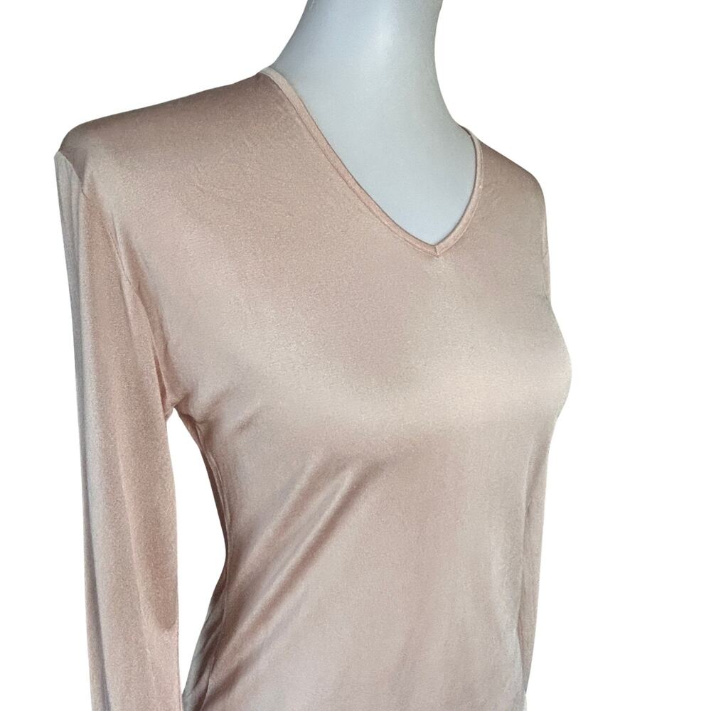 Mary Green Silk V-Neck Long Sleeve Top Nude Beige Size M